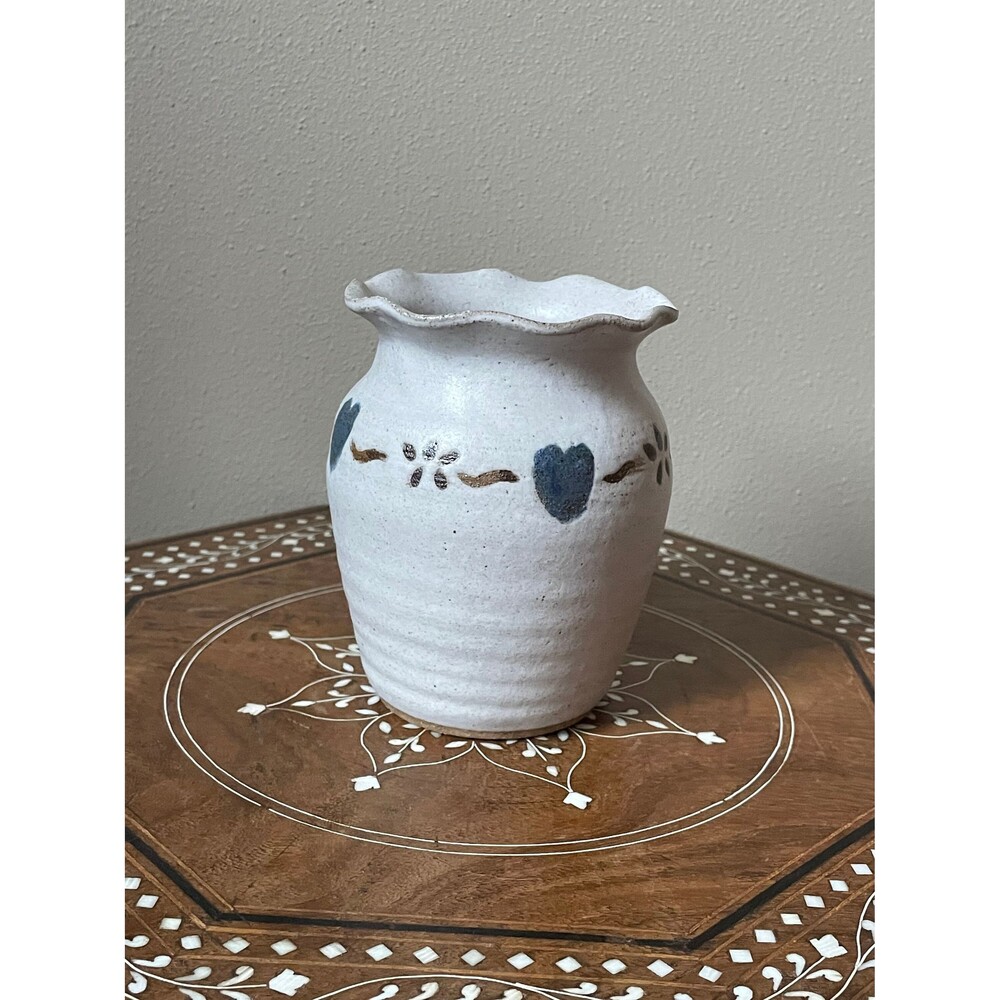 Vintage Hand Painted Studio Pottery Vase Ruffled Edge Blue Heart Signed